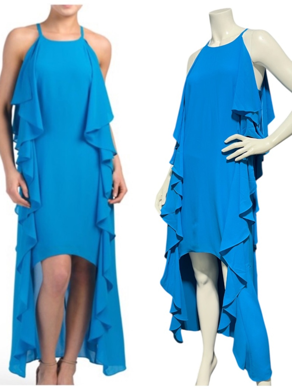 Belle Badgley Mischka Hi-low Ruffle Hem Blue Formal Sleeveless Blue Dress 4 NWT